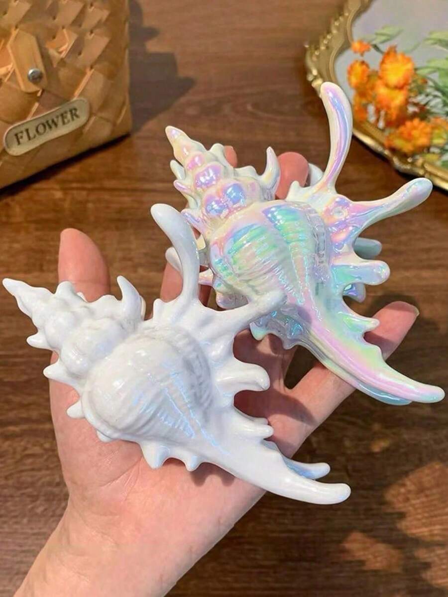 2件組美人魚貝殼髮夾,幻彩珍珠光澤法式復古髮夾,防滑強抓力,夏季海灘飾品 - 彩色 - 查看 1