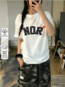 日式大尺碼女款夏季寬鬆街頭時尚波點字母卡通印花純棉短袖T恤休閒白色 - 白色 - 查看 4
