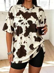 Speed mate Women's Plus Size Summer Vintage 80s Y2K Casual Vacation Street Style Beige Cow Print Drop Shoulder Loose Short Sleeve Crew Neck T-Shirt Sports Black - Black - View 3