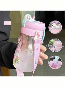 1pc Water Spray Straw Cup, Cute Fountain Plastic Cup, Anti-Drop Straw Water Bottle With Shoulder Strap - Multicolor - View 7