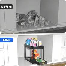 2 Tier Under Sink Storage Rack, Double Sliding Drawer Organizer With Hooks For Kitchen, Bathroom, And Home Use - H-shaped Storage Rack-black - View 6