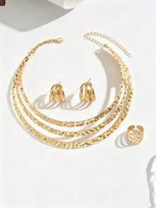 4 Fashionable And Simple New Line Metal Style Gold Stud Earrings, Rings, Necklaces, Personalized Party Set - Yellow Gold - View 1