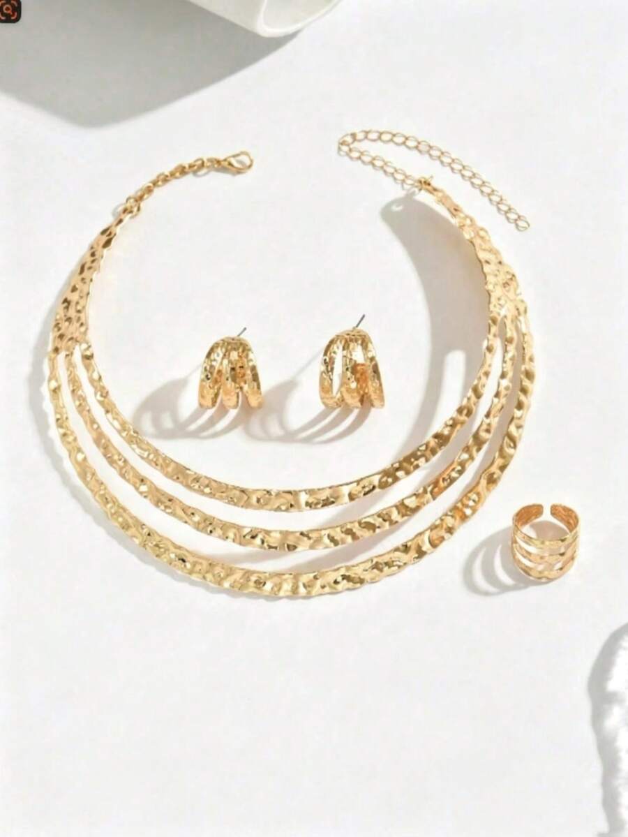4 Fashionable And Simple New Line Metal Style Gold Stud Earrings, Rings, Necklaces, Personalized Party Set - Yellow Gold - View 1