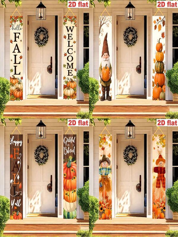 2 piezas Bandera de porche de otoño 35*180cm Material de poliéster Calabaza, Girasol, Hoja de arce, Patrón de gnomo de otoño Decoración colgante exterior Bandera vertical de jardín de otoño Acción de Gracias, Decoración de pared interior/exterior, Decoración de entrada de fiesta