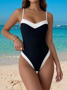 Sultry Sol Women's Black & White Backless High-Cut One-Piece Swimsuit With Contrast Trim, High-Cut Design And Eye-Catching Contrast Trim, Vacation Beach Summer - Black and White - View 1