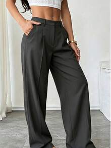 Pantalones de traje de mujer de cintura alta con pliegues y pierna ancha para todas las estaciones, con cinturón, ajuste drapeado, adecuados para oficina, negocios, desplazamientos, uso diario, compras, viajes por la ciudad, reuniones de negocios, citas casuales - Negro - Ver 5