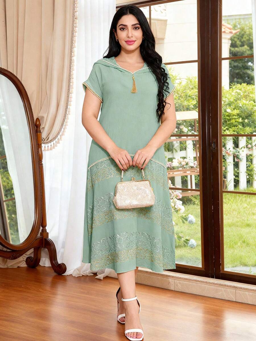 重工刺繡阿拉伯女款夏季綠色優雅長裙 JALABIA 金色流蘇連帽優雅大方夏季休閒派對穿搭