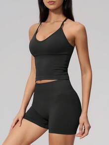 NcmRyu Conjunto deportivo de mujer de un solo color con espalda en Y, hebilla de metal ajustable, tirantes de espagueti, shorts acanalados de cintura alta - Negro - Ver 7