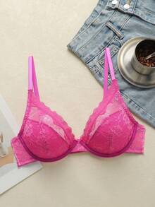 Women's Floral Wavy Edge Lace Underwire Bra With Adjustable Straps - Hot Pink - View 5