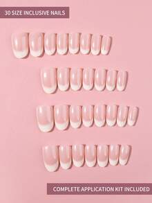30pcs Short Oval Cream White Gradient French Press-On Nails, Acrylic Fake Nail Set, Includes 1pc Jelly Glue And 1pc Nail File - Multicolor - View 5