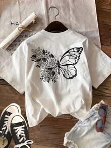 1 camiseta casual de manga corta de algodón puro para mujer, color blanco, corte holgado, estampado minimalista de mariposas y rosas a doble cara, ideal para un look veraniego y urbano. - Blanco - Ver 1
