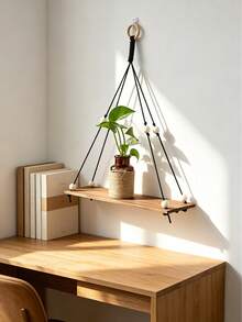 1pc Hanging Wall Shelf Boho Black Rope Floating Shelf With Wood Beads, Minimalist Wooden Storage Rack For Plants, Aromatherapy, Decor Sturdy Wall Mounted Display For Living Room BedroomEntryway - Black - View 2