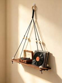1pc Hanging Wall Shelf Boho Black Rope Floating Shelf With Wood Beads, Minimalist Wooden Storage Rack For Plants, Aromatherapy, Decor Sturdy Wall Mounted Display For Living Room BedroomEntryway - Black - View 10