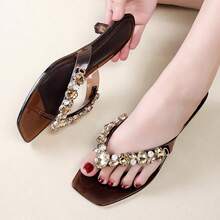 Cat Toe Square Toe Flip Flops Thin Heel Rhinestone Outdoor Wear Low Heel Slip-On Jelly Sandals - Gold - View 7