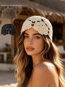 1 Pc Floral Crochet Hollow Out Boho Cotton Knit Headscarf Hat Summer Beach Breathable Thin Skull Cap Y2K Hippie Hair Accessory - Stylish Cutout Head Covering - View 9