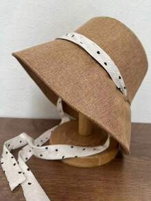 Sombrero de cubo plegable de ala ancha para mujer, color liso con decoración de lunares, nuevo estilo francés elegante, con correa de amarre para gran circunferencia de cabeza - A - Ver 6