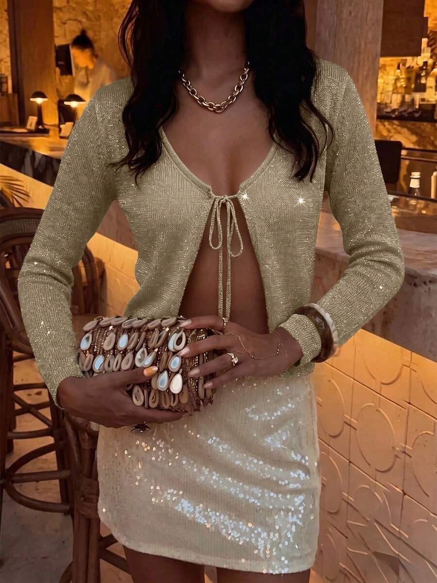 Spring/Summer Elegant Casual Solid Color Shiny Glitter Long Sleeve Tie-Front V-Neck Cardigan For Women, Suitable For Music Festival, Vacation And Date Outfits