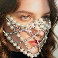 Fashionable 2026 Multi-Layer Pearl Mesh Mask, Exaggerated Rhinestone Mask For Music Festivals And Night Parties - Silver - View 4