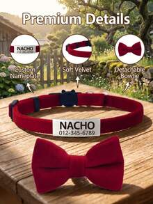 1pc Personalized Velvet Cat Collar With Detachable Bow And Bell. Customizable Engraved Anti-Lost Pet ID Tag With Name And Contact Information. Suitable For Small-Medium Cats And Dogs. Stainless Steel Pet Jewelry. - Red - View 2