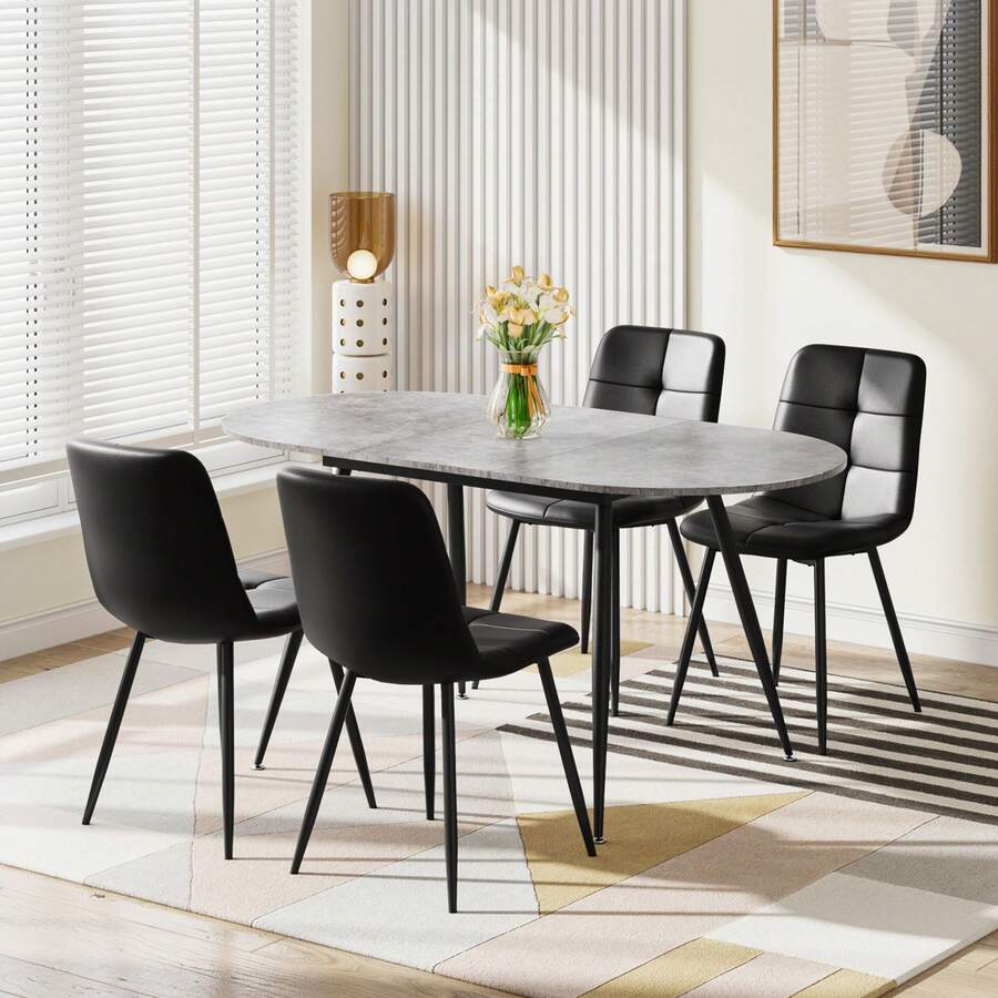Extendable Dining Table And Chairs Set Of 4, Oval Mable Effect Table With Upholstered Chairs For Dining Room - Mesa gris + 4 sillas de poliuretano negras - Ver 1