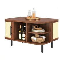 Coffee Table, Side Table, Curved Shape, Woven Surface, MDF Body, Metal Handles, Metal Legs, Storage Space, Living Room Table - 核桃 - 查看 1