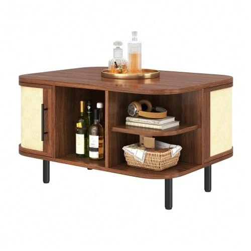 Coffee Table, Side Table, Curved Shape, Woven Surface, MDF Body, Metal Handles, Metal Legs, Storage Space, Living Room Table - 核桃 - 查看 1