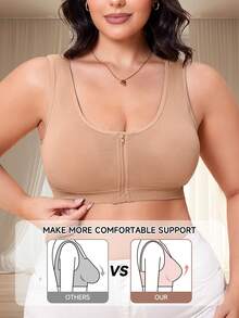 QUASTI 1PC Plus Size Seamless Bra For Women, Wireless Front Zip Support Bra, Full Coverage Comfort Fit, Everyday Wear Essential, Smooth Invisible Look - Apricot - View 3
