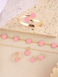 6pcs/Set Lucky 4-Leaf Clover Design Bracelet, Necklace, Earrings, Bangle And Ring Set - Pink - View 2