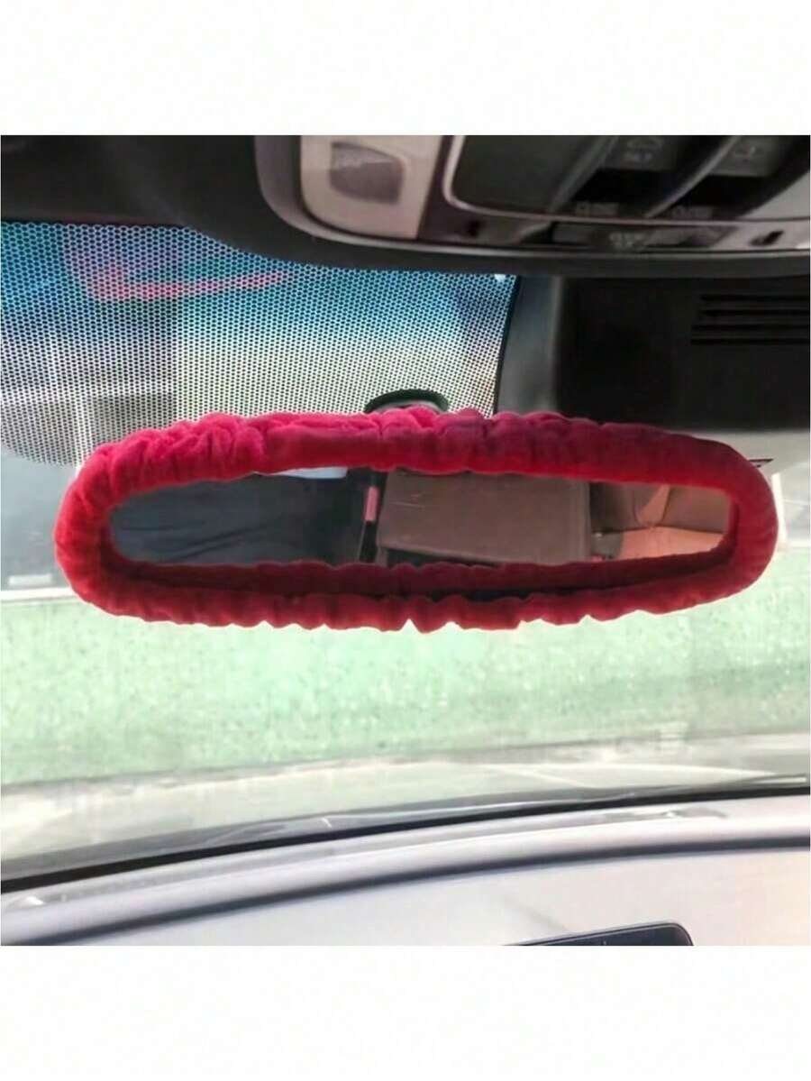 1 pieza Funda universal de peluche para espejo retrovisor del coche, fibra de poliéster suave, diseño decorativo, decoración interior, regalo festivo - Rojo - Ver 1
