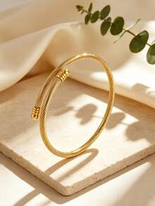 VceTd 2PCS Vintage Style Stainless Steel Women's Bracelets With Plain Circle Design And Shiny Finish, Suitable For Couples Dating, Best Friends Gathering Or Holiday Gift For Friends - Yellow Gold - View 7