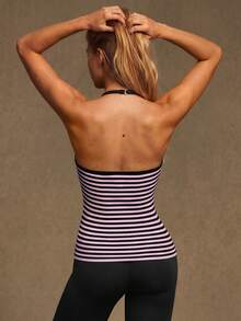 VVX Women Striped Halter Neck Gym Tops Camisole Sexy Backless Workout Yoga Top Y2K Casual Contrast Color Soft For Gym Daily Wear All Seasons - Black and White - View 4