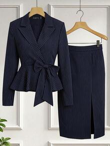 HOMEYEE Setelan Garis-Garis untuk Wanita, Termasuk Blazer Berkerut dan Rok Pensil Belahan, Desain Kerah, Detail Kancing, Busana Musim Gugur yang Modis - Navy Blue - View 7