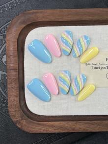 10pcs/Set Y2K Nails Handmade, Blue Nails, Yellow Nails, 3D Blue And Yellow Stripe Nails, Perfect For Parties & Daily Wear. Short Almond Nails. Handmade Press On Nails Almond, Fake Nails, Acrylic Nails, Short Nails, Dopamine Nails, Summer Nails - Multicolor - View 12