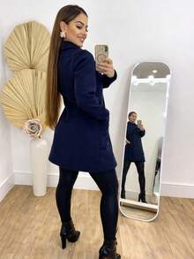 Women's Long-Sleeved Woolen Jacket/Coat For Winter, Fashion Blogger, Buttons, Overcoat - Royal Blue - View 2