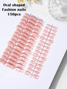 150pcs (5 Styles Mixed) Y2K Short Oval Dusty Pink Cat Eye, Macaron Rainbow French Press-On Nails, Acrylic Material Set, Includes 1pc Jelly Glue And 1pc Nail File, Suitable For DIY Use - Multicolor - View 4