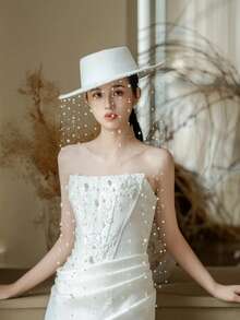 White Felt Wide Brim Fedora Hat With Pearl Tassel Veil, Elegant French Bridal Wedding Hat, Chic Headpiece For Prom Party Bridal Shower Photoshoot - A - 查看 8