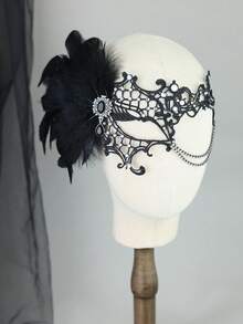 1pc Halloween Gothic Style Women's Peacock Feather Rhinestone Lace Mask, Suitable For Masquerade Ball And Cosplay - Black - View 3