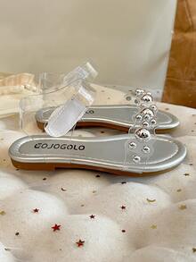 1 Pair 2026 Kids White Crochet Ankle Strap Flat Sandals, Suitable For Summer Vacation Party - Clear - View 5