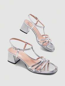 Women's Silver High Heel Pumps, Thick Heel Open Toe Party Heels, Wedding Shoes 7cm, Formal Dress Shoes, Slip-On Pointed Toe Sandals - Silver - View 2