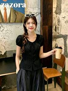 韓式新款甜美修身領結設計百搭顯瘦花瓣袖輕盈短袖女款夏季黑色襯衫上衣 - 黑色 - 查看 1