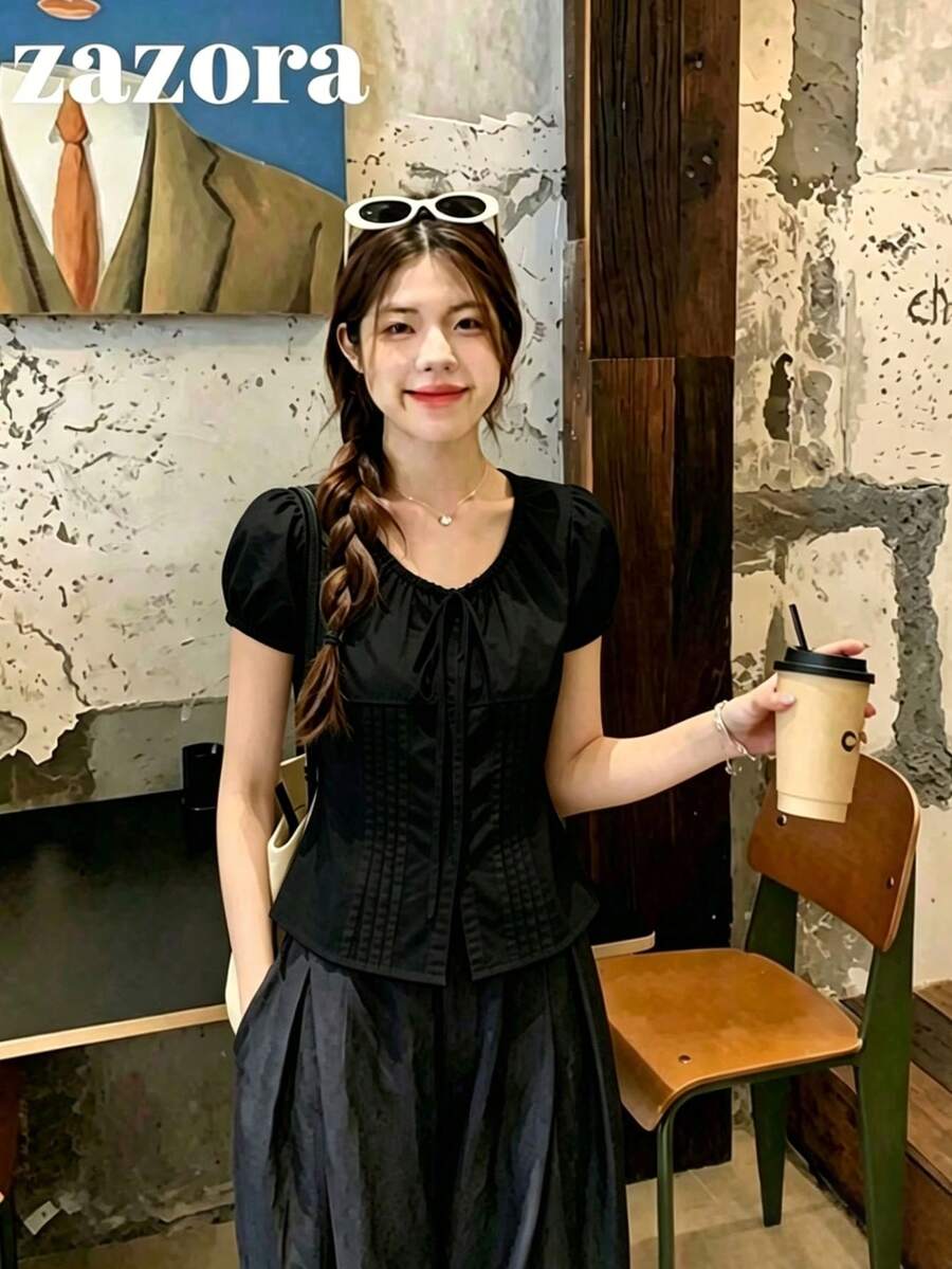 韓式新款甜美修身領結設計百搭顯瘦花瓣袖輕盈短袖女款夏季黑色襯衫上衣 - 黑色 - 查看 1