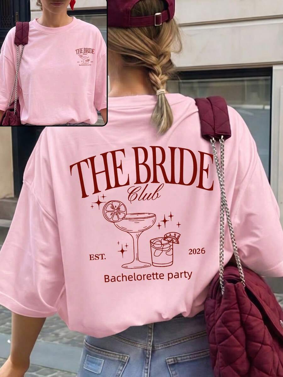 ZZG Es Trus 夏季女款「THE BRIDE Club」圖案印花街頭 Y2K 風格粉色圓領大尺碼短袖休閒 T-shirt 上衣 - 粉色 - 查看 1