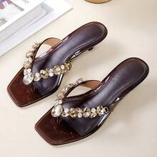 Cat Toe Square Toe Flip Flops Thin Heel Rhinestone Outdoor Wear Low Heel Slip-On Jelly Sandals - Gold - View 3