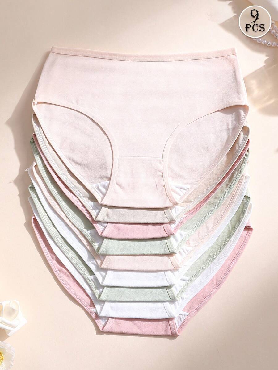 9pcs Women High Waist Solid Color Seamless Triangle Panties, Tummy Control & Butt Lifting, Stretchy Sports Underwear