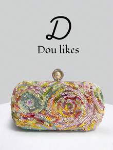 Oil Painting Style Colorful Beaded & Sequin Handheld Evening Clutch, Hand-Stitched Colorful Sequins And Beads Interwoven Into Fluid Vortex Texture, Rhinestone Inlaid Handle Design Complementing The Rhinestone Lock, Suitable For Wedding, Evening Party, Birthday Party, Vacation, Date, Daily Wear - Multicolor - View 1