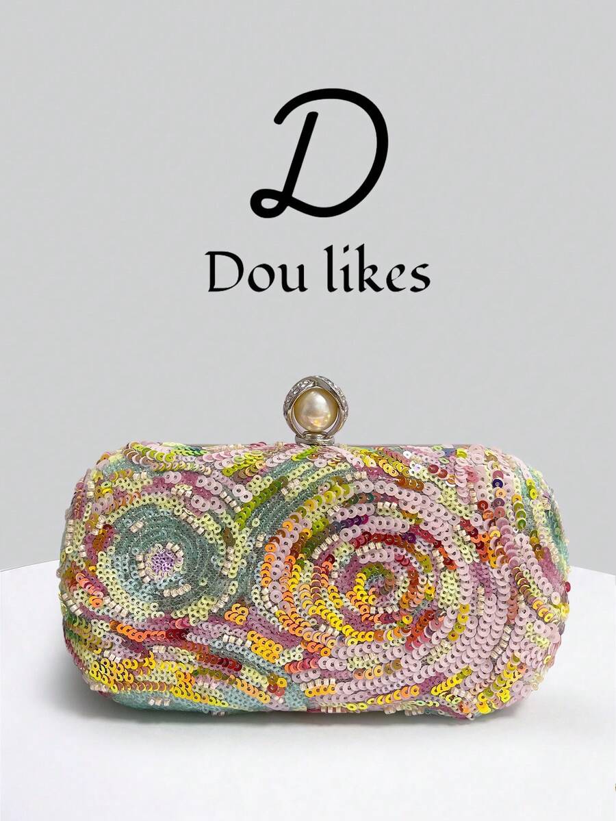 Oil Painting Style Colorful Beaded & Sequin Handheld Evening Clutch, Hand-Stitched Colorful Sequins And Beads Interwoven Into Fluid Vortex Texture, Rhinestone Inlaid Handle Design Complementing The Rhinestone Lock, Suitable For Wedding, Evening Party, Birthday Party, Vacation, Date, Daily Wear - Multicolor - View 1