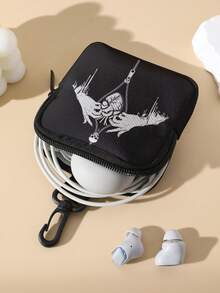 Double-Sided Dark Theme Print Mini Coin Purse, Portable Multi-Function Small Bag, Suitable For Earphones, Keys, Cards, Cosmetics And Small Items - Black - View 4