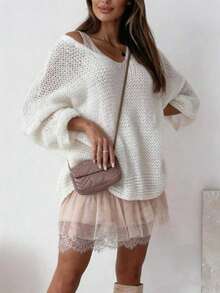 Women's White Deep V Neck Chunky Knit Sweater, French Romantic Loose Drop Shoulder Pullover, Casual Oversized Long Sleeve Fall Winter Knit Top - White - View 4