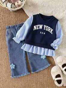 Baby Girl Letter Decor Round Neck Long Sleeve Warm 2 In 1 Sweatshirt And Denim Jeans - Royal Blue - View 1