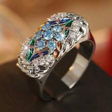 Luxury Vintage Hollow Flower Ring, Sparkling Synthetic Zirconia Inlaid Ring, Elegant Women's Holiday Party Accessory - Silver - View 3